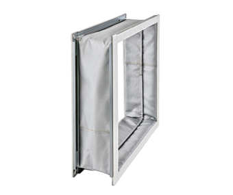 Detailaufnahme des Weichstoffkompensators WKS‑600 E mit elastischem Gewebebalg und Anschlussrahmen für lufttechnische Anlagen