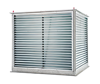 Detailansicht des Dachlüftungsaufsatzes mit stabiler Blechkonstruktion und Wetterschutzgitter zur Außen‑ und Fortluftführung