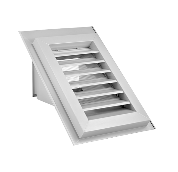 Schrägdach‑Wetterschutzgitter mit Wasserauffangkasten und Auflagerahmen